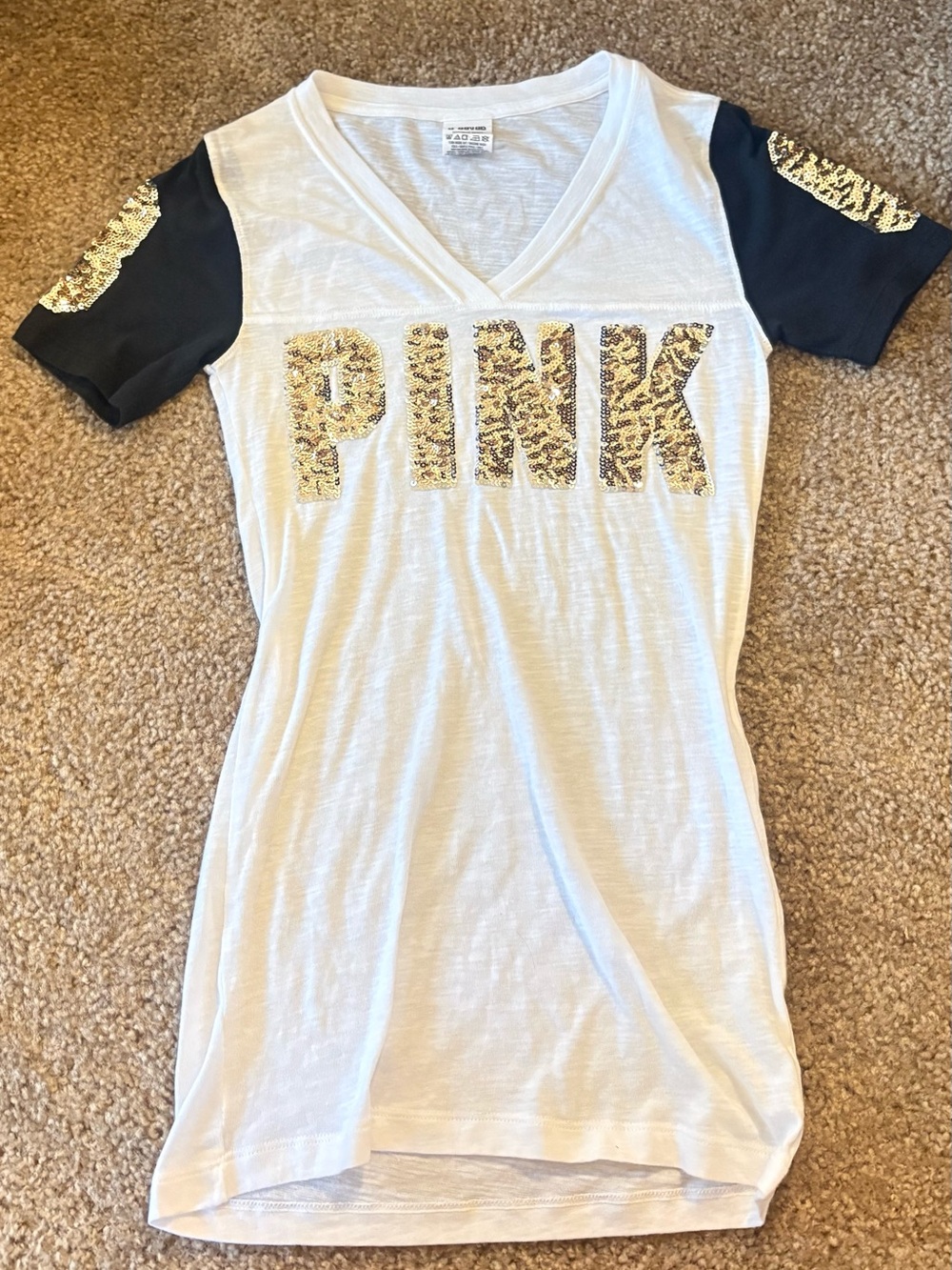 Victoria's Secret PINK White Tee with Black Sleeves and Gold Sequins